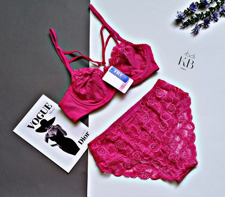 ست شورت و سوتین زنانه فانتزی طرح گیپور سرخابی