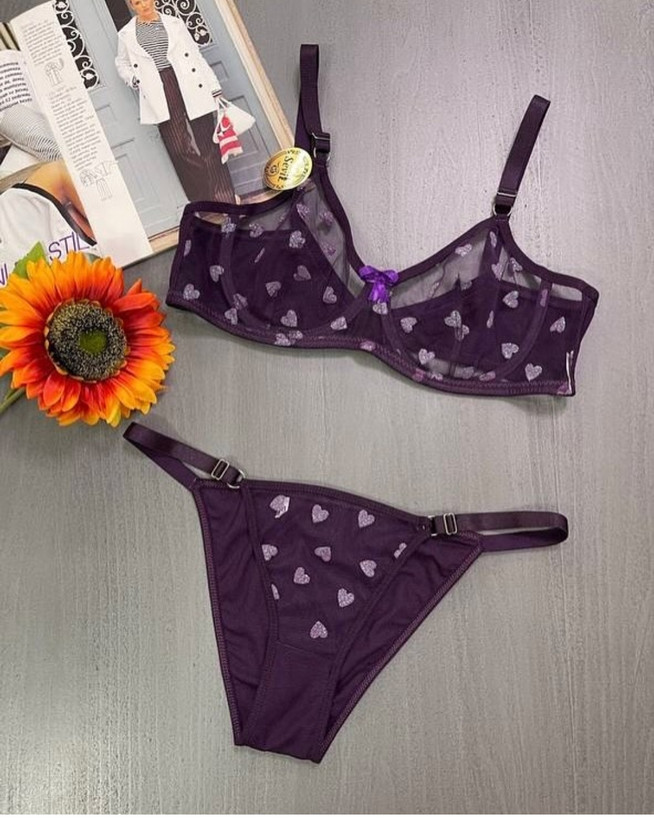 ست شورت و سوتین زنانه فانتزی طرح قلبی بنفش بادمجانی