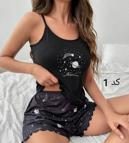 ست تاپ و شلوارک ساتنی فانتزی طرح ماه و ستاره