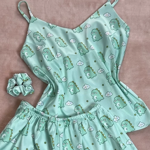 ست تاپ و شلوارک ساتنی فانتزی طرح دایناسور خنگ 🦕