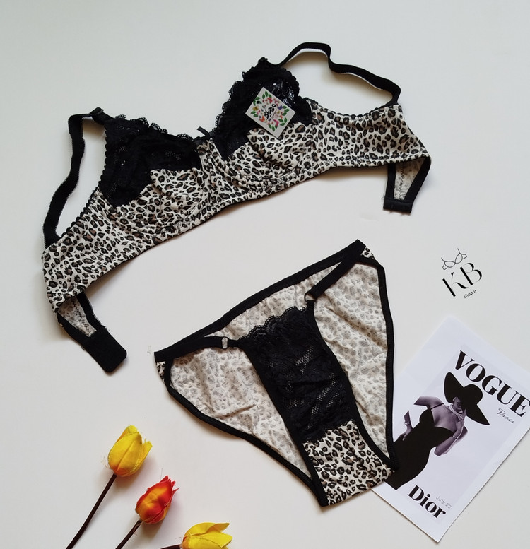 ست شورت و سوتین زنانه طرح پلنگی نخ پنبه گیپوری