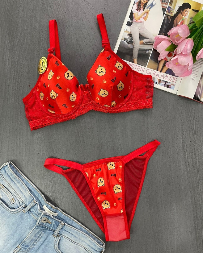 ست شورت و سوتین زنانه اسفنجی نیم جک طرح فانتزی خرس تدی 🐻 برند sevil
