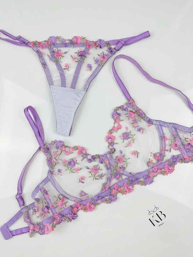 ست شورت و سوتین زنانه تور گاز گیپوری ترک (مدل LAVENDER 🪻) رنگ بنفش یاسی برند معتبر HANIS 🇹🇷